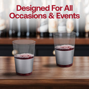 Elegant clear plastic tumblers with a modern metallic silver thick bottom, 12 oz size, round shape, and disposable for easy cleanup