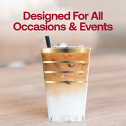 Elegant clear plastic tumblers with gold stripe accents, 12 oz size, round shape, and disposable for easy cleanup