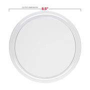 Elegant clear round plastic dinnerware set, featuring 10-inch dinner plates and 8.5-inch salad plates, ideal for upscale events