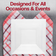 Elegant clear square disposable plates, 8-inch size, suitable for serving salads and appetizers, sold in a pack of 120