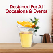 Elegant clear square plastic cups, 8 oz capacity, featuring a sophisticated design, ideal for formal gatherings and fine dining