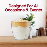 Elegant clear square plastic mini coffee and tea cups, 2 oz., featuring a sleek and refined look, perfect for weddings, parties, and catering