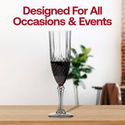 Elegant crystal cut plastic champagne flutes, 8 oz capacity, sleek and disposable, ideal for weddings and sophisticated celebrations