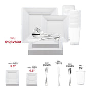 Elegant dining presentation using the White with Silver Square Edge Rim Plastic Wedding Value Set, blending minimalist design with refined silver detailing.