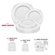 Elegant dining table set with White with Silver Fancy Round Plates, showcasing sophisticated presentation