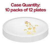 Elegant dinner plate shown in formal place setting with gold cutlery and charger