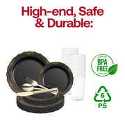 Elegant dinner setting with the Black with Gold Vintage Rim Set—perfect for weddings and formal parties
