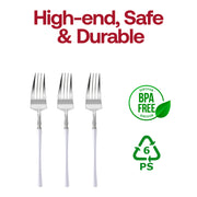 Elegant disposable dinner forks in silver with sleek white handles, modern style, bulk pack of 240.