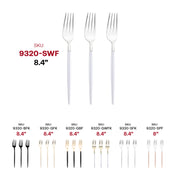 Elegant disposable dinner forks in silver with sleek white handles, modern style, bulk pack of 240