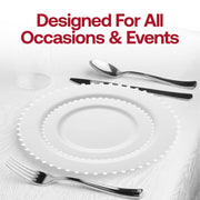 Elegant disposable dinner plates in white with a pearl string border, 10 inches wide, sturdy design, sold in a 120-pack