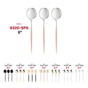 Elegant disposable dinner spoons with a silver finish and soft pink handles, ideal for weddings and formal events