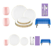 Elegant disposable dinnerware set with clear gold-rim plates, pink cups, silver cutlery, and pastel table accents for spring parties.