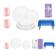 Elegant disposable dinnerware set with clear gold-rim plates, pink cups, silver cutlery, and pastel table accents for spring parties