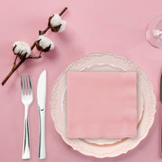 Elegant, disposable pink paper cocktail napkins in a bulk 600-pack, each measuring 10 inches square when unfolded