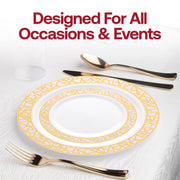 Elegant disposable plastic salad plate with a decorative pink and gold mosaic border