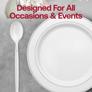 Elegant disposable silver dinner spoons accented by sleek white handles, moderno design, sold in a 240-case