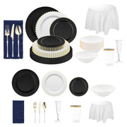 Elegant disposable wedding dinnerware set with black chargers and navy blue napkins for style.