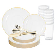 Elegant disposable wedding set with clear gold-rim plates, tumblers, and plastic gold flatware