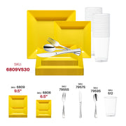 Elegant event décor enhanced by the Yellow Square Plastic Wedding Set and silver cutlery, perfect for vibrant parties.