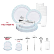 Elegant event décor featuring the White with Turquoise Blue and Silver Mosaic Rim Round Plastic Wedding Value Set, blending classic silverware with a pop of turquoise color.