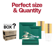 Elegant event display featuring the Hunter Green Square Disposable Plastic Tableware Set with sophisticated plates and gold cutlery