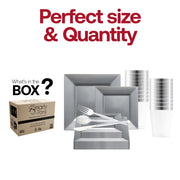 Elegant event table featuring the Silver Square Disposable Plastic Tableware Set with chic 9.5” dinner and 6.5” appetizer plates