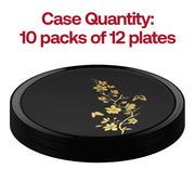 Elegant floral-patterned black plastic plate used for canapés at a cocktail event