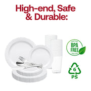 Elegant formal dining setup featuring the White with Silver Vintage Rim Round Disposable Plastic Wedding Value Set, perfect for weddings and upscale gatherings