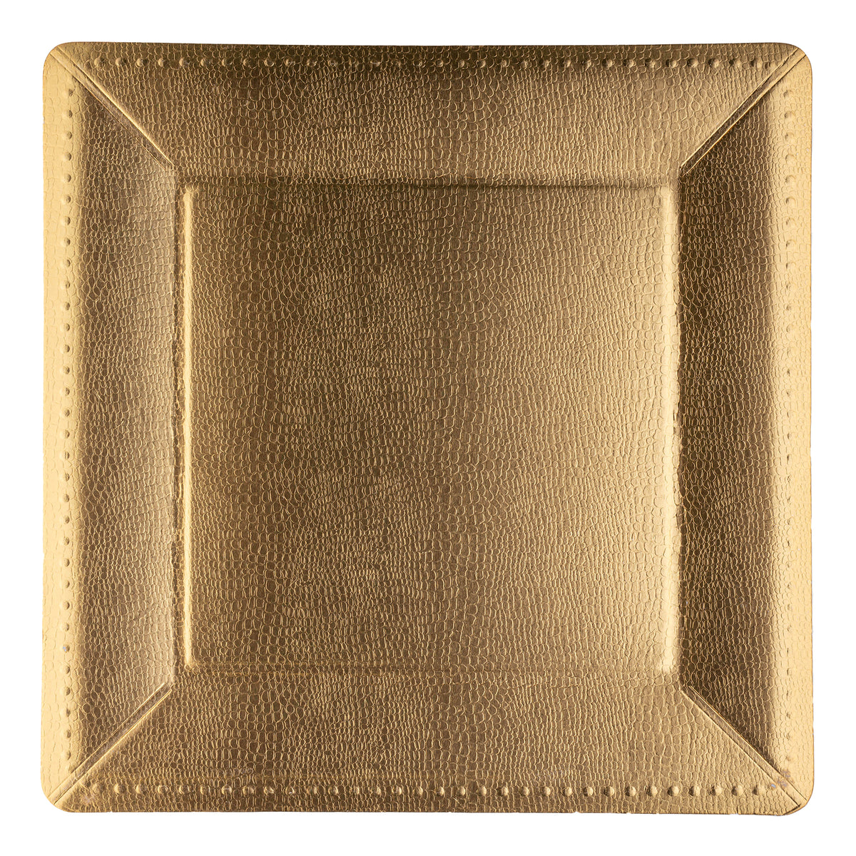 Elegant gold disposable charger plates featuring square edges and a beaded design
