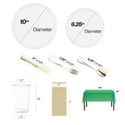 Elegant gold flatware pairs with crisp white plates and green tablecloths for team pride.
