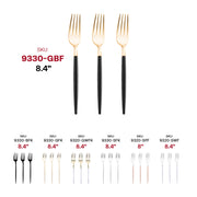 Elegant gold plastic dinner forks, 8.4 inches, accented with sophisticated black handles