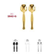 Elegant gold plastic serving spoons, 9.75 inches, adding a sophisticated touch to any event, sold in a pack of 60.