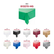 Elegant hunter green rectangular plastic tablecloth with a sleek finish, 54 x 108 inches, designed to complement refined event décor.
