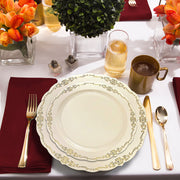Elegant ivory round dinner plates with a gold vintage rim detail, 10-inch size, disposable and lightweight, 120-pack