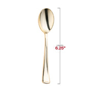 Elegant metallic gold plastic spoons, 6.25 inches, featuring a refined shine, ideal for weddings, banquets, and formal events