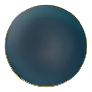 Elegant navy plastic plates featuring a gold rim and organic round shape, ideal for appetizers or salads, 7.5-inch diameter, 120-pack