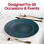 Elegant navy plates with a stylish gold rim and unique organic round design, 10.25 inches, disposable, included in a 120-pack