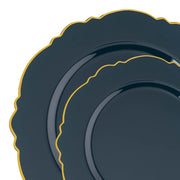 Elegant navy round disposable dinnerware set with a delicate gold blossom rim, includes dinner and salad plates for upscale entertaining