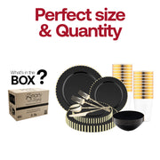 Elegant party table decorated with the Black with Gold Pearl String plastic plates, bowls, cups, and gold flatware