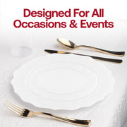 Elegant pearl white plastic dinner plates with a lotus motif, round and 10.25 inches, sold in a 120-piece set