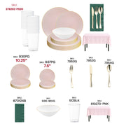 Elegant pink and gold dinnerware with organic round plates, dessert bowls, and gleaming gold cutlery for upscale brunches.