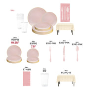 Elegant pink and gold disposable dinnerware set with organic round plates, soft napkins, and gold-rimmed accents for gender reveal parties.