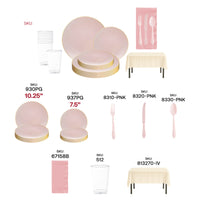 Elegant pink and gold disposable dinnerware set with organic round plates, soft napkins, and gold-rimmed accents for gender reveal parties.