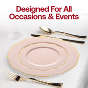 Elegant pink disposable plastic plates with a luxurious gold rim and blossom detail, round 7.5-inch size for appetizers or salads