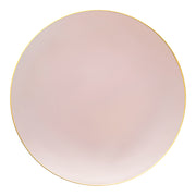 Elegant pink plastic plates featuring a gold rim and organic round shape, ideal for appetizers or salads, 7.5-inch diameter, 120-pack