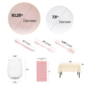 Elegant pink with gold rim dinnerware from the You Had Me at Hello Set, paired with pink baroque utensils