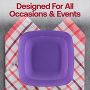 Elegant purple flat rounded square buffet plates, 8.5-inch diameter, made from disposable plastic, 120-pack.