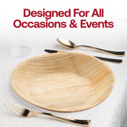 Elegant round 5-inch disposable pastry plates made from palm leaves, perfect for serving desserts at parties and casual events