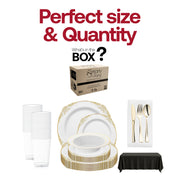 Elegant round white and gold dinnerware with matching dessert bowls, gold flatware, and linen-like napkins for refined occasions.