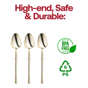 Elegant shiny gold Moderno plastic dinner spoons, 8.1 inches, with a refined, modern look, great for weddings and formal events.